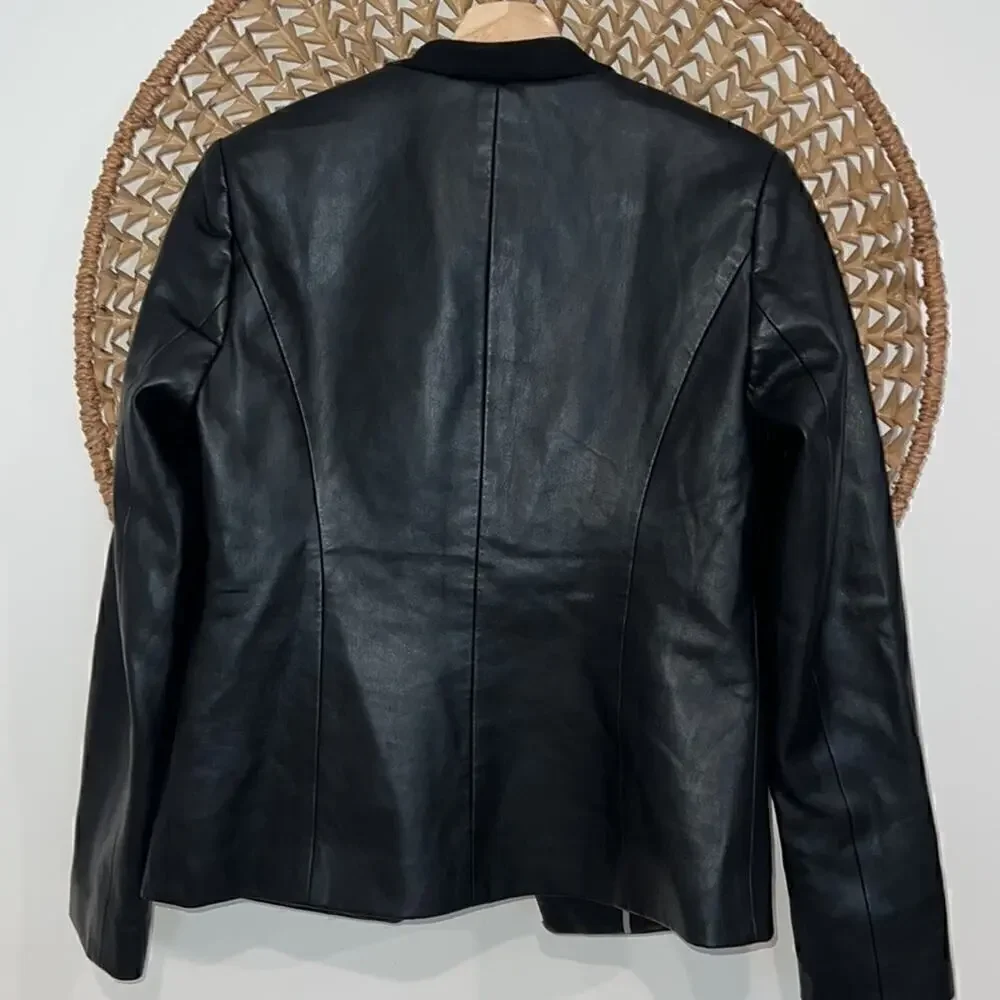 Tahari black faux leather woman’s open front jacket size 4